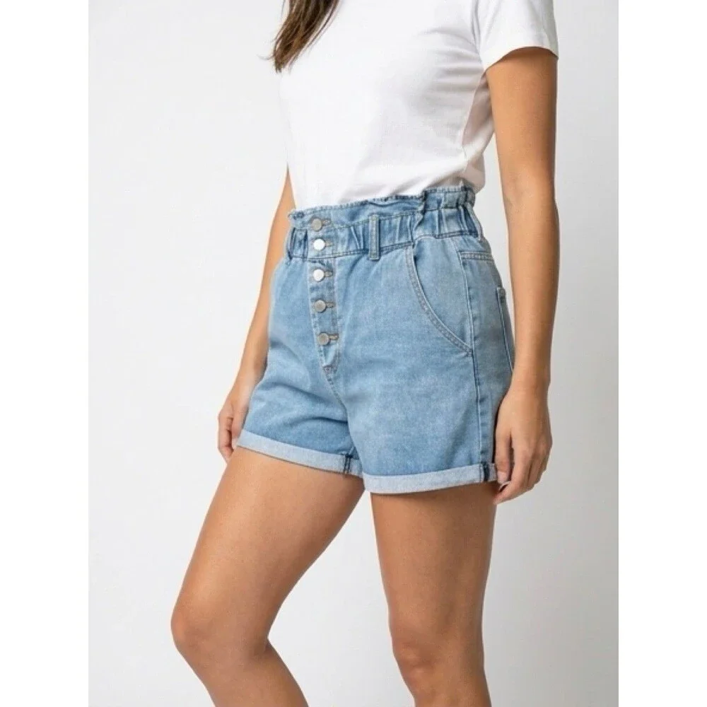 Forever 21 Denim LightWash Short Sz Small High-Rise Button Butterfly Paper Bag - Picture 1 of 7